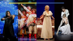 A banner image for Attila Glatz Concert Productions and TO Live's "United for Ukraine" benefit event, featuring four images of the event's performers: (from L to right) Ukrainian violin virtuoso Vasyl Popadiuk; performers of the Ukrainian dance company Kalyna Performing Arts Company; opera singer Lara Ciekiewicz; and principal dancers from the National Ballet of Canada Guillaume Côté and Heather Ogden