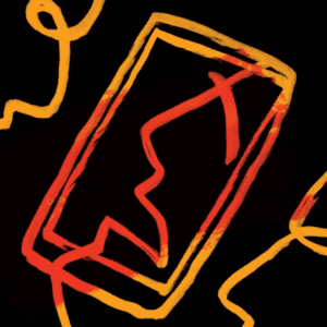Illustration done with yellow and red lines to create the shape of a phone/tablet with a crack through it.