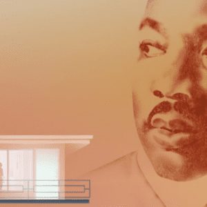 Portrait over Martin Luther King Jr. overlooking the silhouette of a motel room.