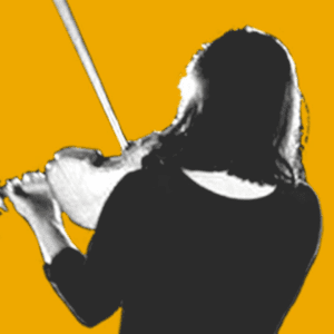 The view of a woman playing a violin from behind.