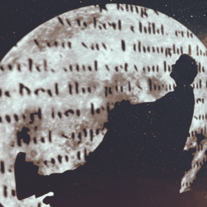 The silhouette of a person on the moon. The moon has unclear text projected on it.