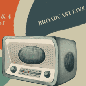 Illustration of a vintage radio with swirls of colour extending from it. The image is cropped so only some text ("Broadcast Live") is visible.