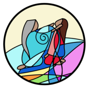An illustration done in a style similar to stained glass, displaying two women kneeled facing each other. The woman on the left is reaching out to caress the woman on the right's face as she has her head tilted back.