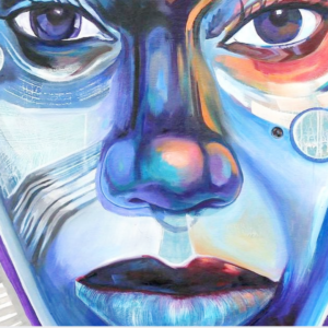 She Mami Wata & The Pxssywitch Hunt promotional image. A close-up illustration of a woman's face done with blue and orange colours.