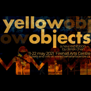 A graphic depicting the text "yellow objects" twice, once more opaque, the second more transparent. Underneath it is information about the show's companion in person exhibit. Behind that, are the silhouettes of people revealing an image of a street with people talking and walking.