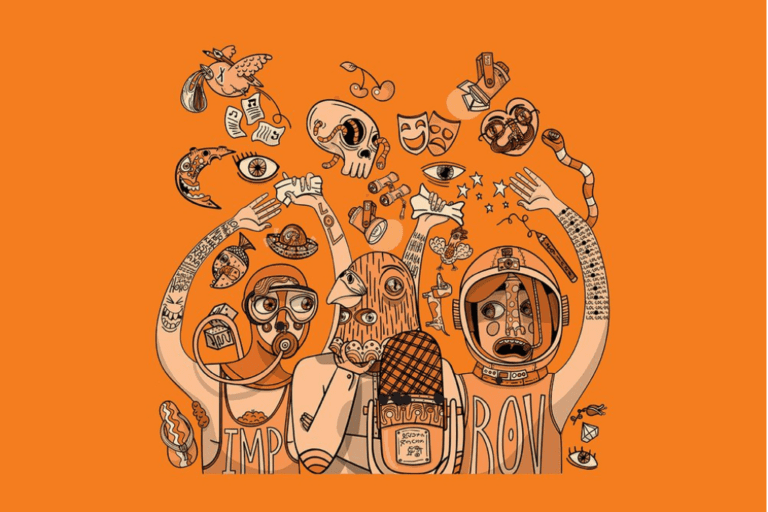 Poster art for Flop at GCTC — an orange ink drawing of three figures in different masks.